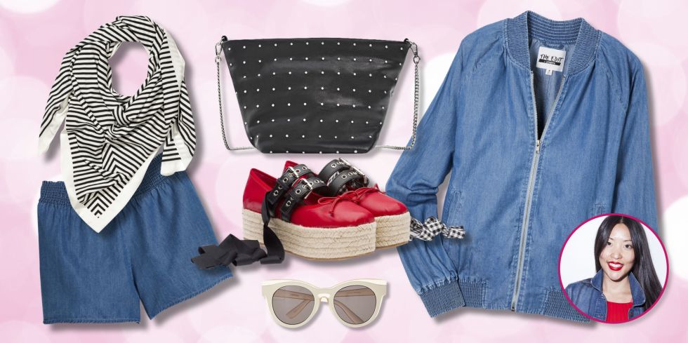 "I always gravitate towards comfy but cute clothing when getting dressed in the morning – it allows me to catch a few extra zzzs while still looking stylish! By pairing with standout accessories, it'll look like I actually woke up early to plan a killer outfit. Another style secret? Fold the scarf in half to create a triangle and voila! You just created a top to go under your updated Canadian tux." – Ann Wang, Accessories AssistantClockwise: Large Scarf, $13, H&M; Studded Crossbody Bucket Bag, $30, Zara; The Edit by Seventeen Chambray Bomber Jacket, $30, Macy's; Rounded Cat Eye Sunglasses, $30, Express; Ballerina Espadrilles, $670, Miu Miu; The Edit by Seventeen Smocked-Waist Chambray Shorts, $20, Macy's